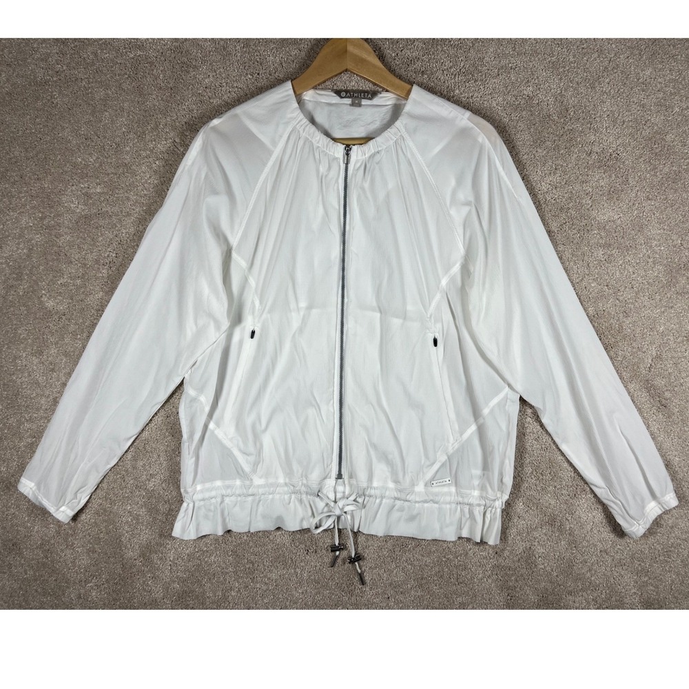 ATHLETA White Lightweight Ruffle Hem Full Zip Jacket Windbreaker Size M‎ Vented